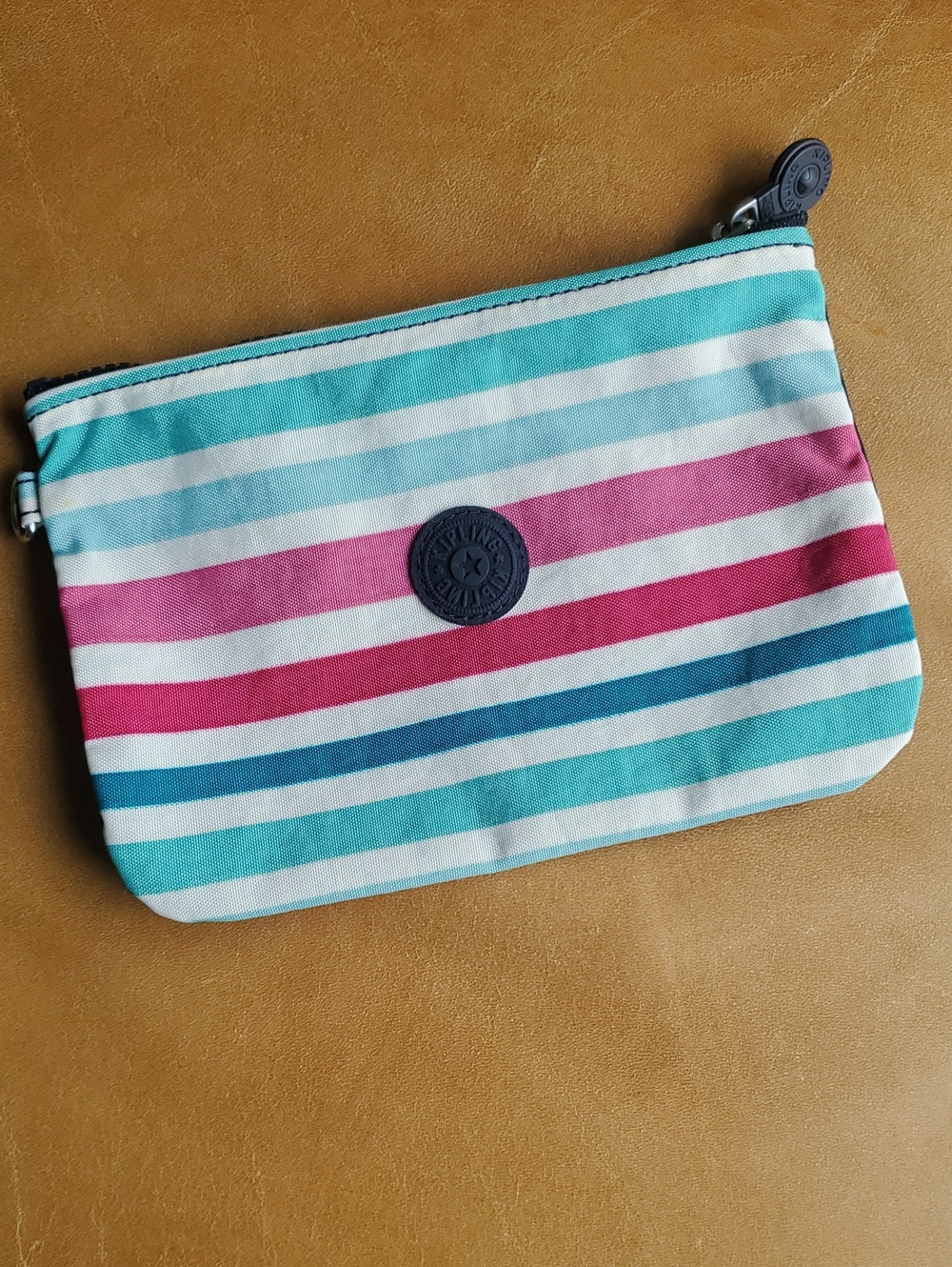 Kipling Striped Canvas Cosmetic Bag Pouch Teal & Pink